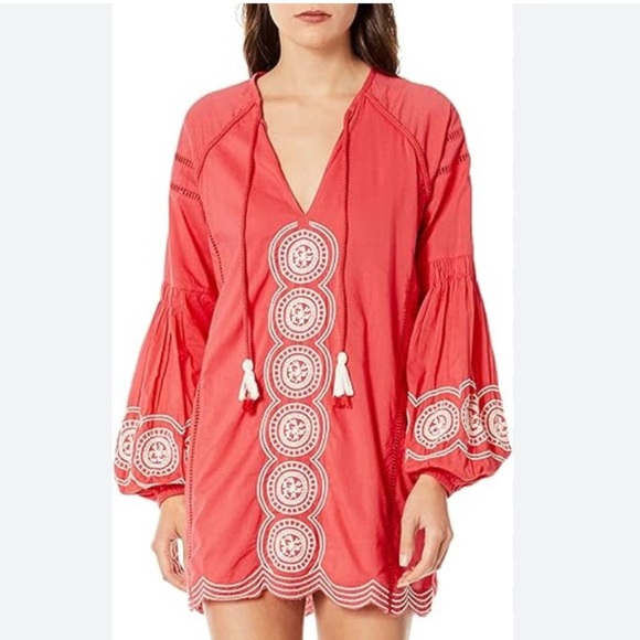 SHOW ME YOUR MUMU Claudine Embroidered Coral Poet SLV V-Neck Tie Tunic Dress S - Picture 3 of 16